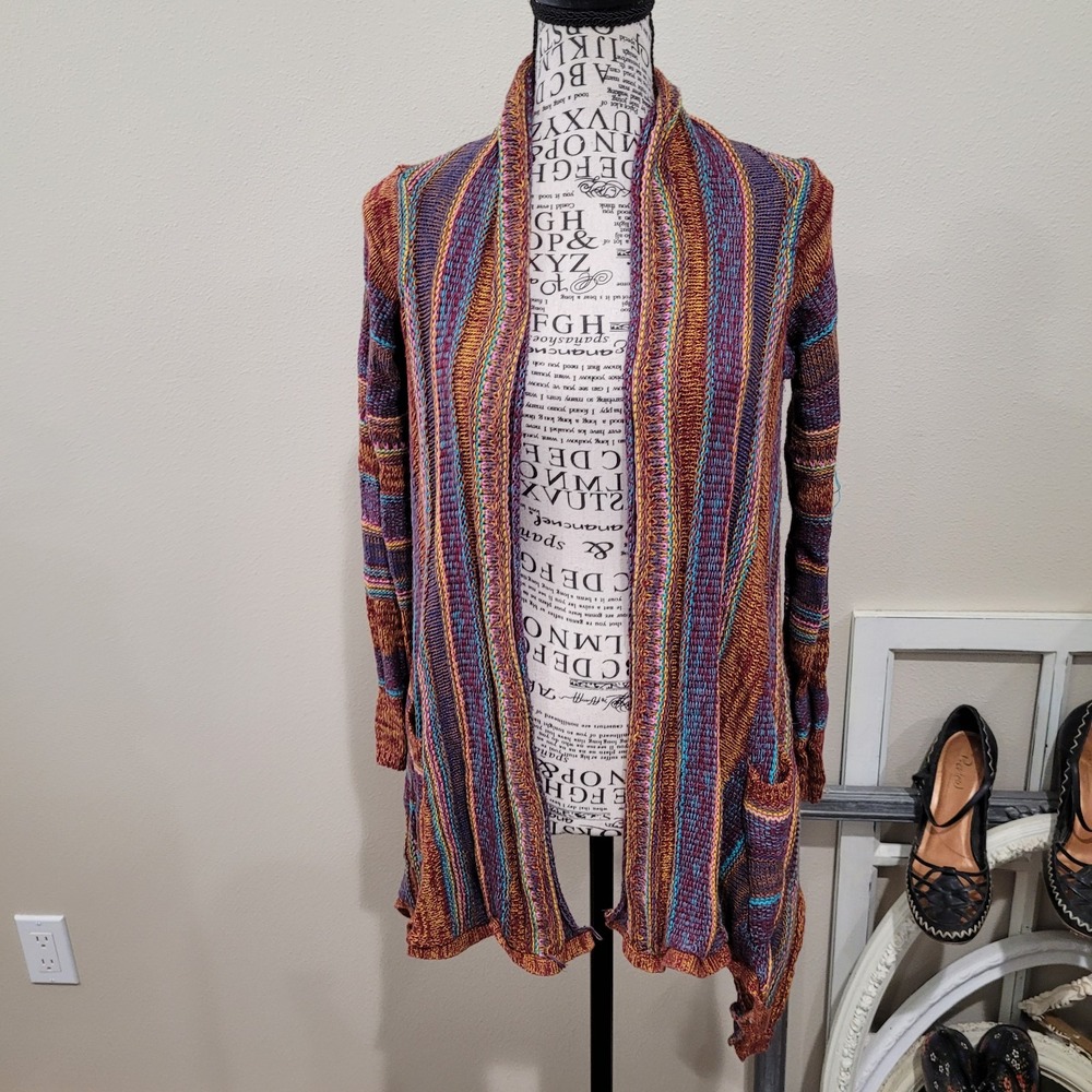 Billabong Listen Up multi color Cotton blend open front cardigan Women SZ XS